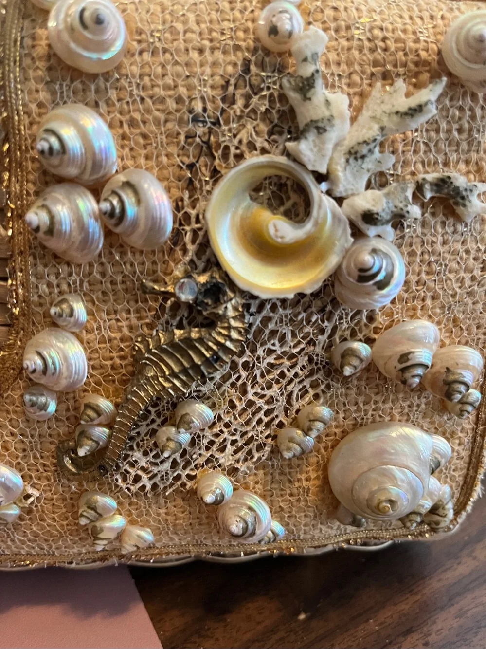 vintage Seashell-Embellished Wicker Box Purse.